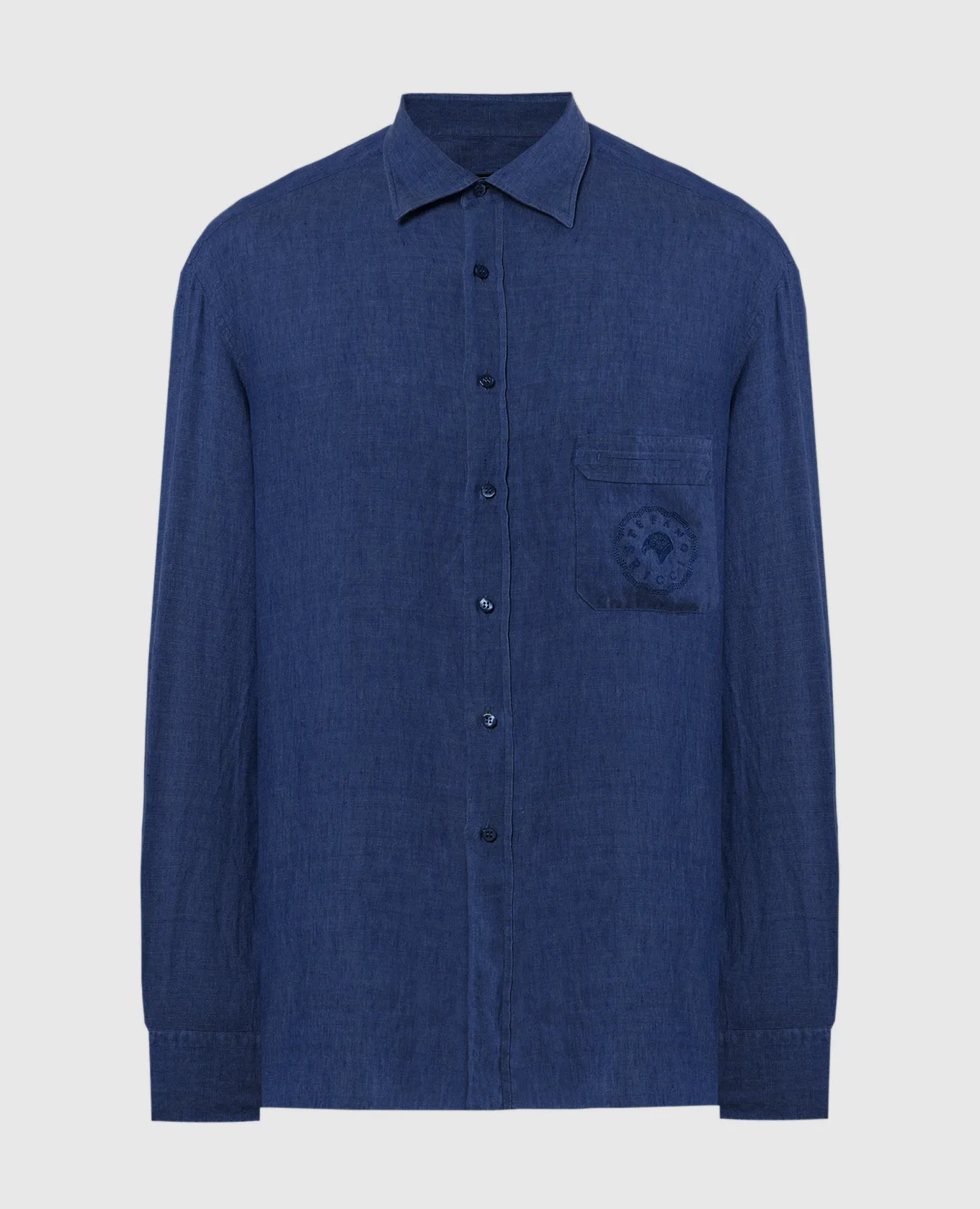 Stefano Ricci Blue linen shirt with logo embroidery