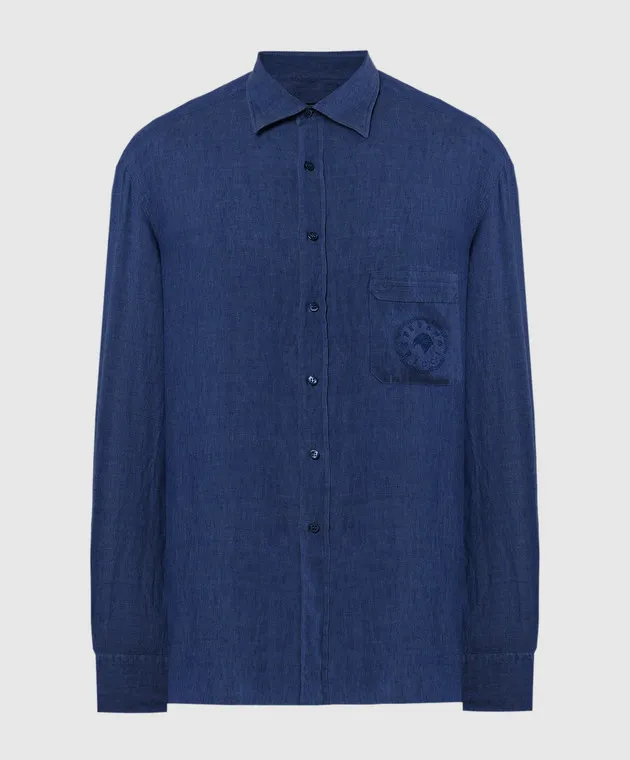 Stefano Ricci Blue linen shirt with logo embroidery
