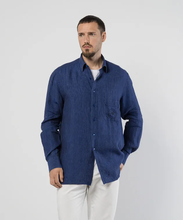 Stefano Ricci Blue linen shirt with logo embroidery