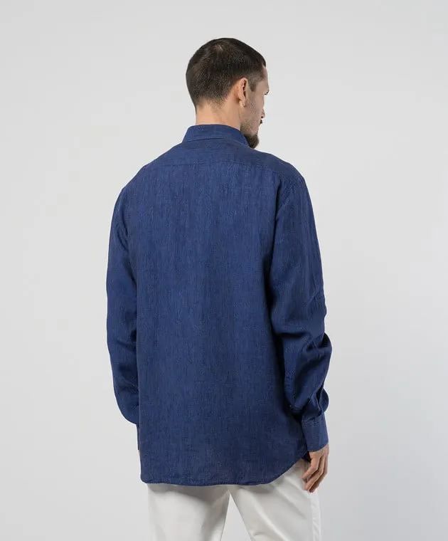 Stefano Ricci Blue linen shirt with logo embroidery
