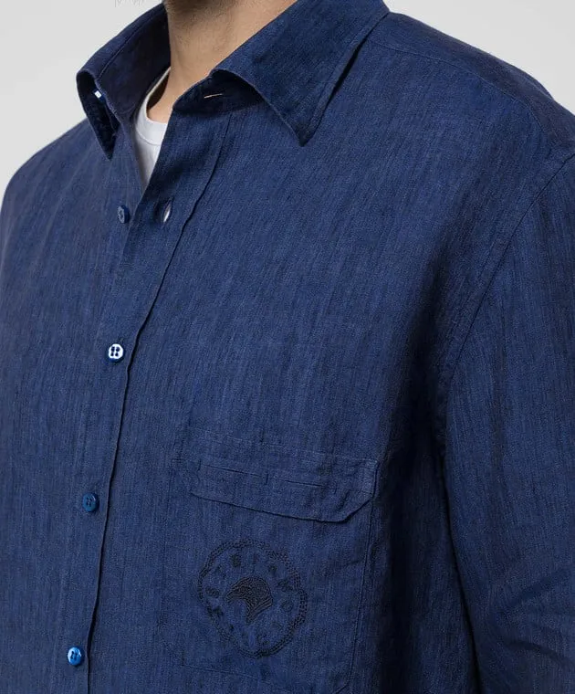 Stefano Ricci Blue linen shirt with logo embroidery