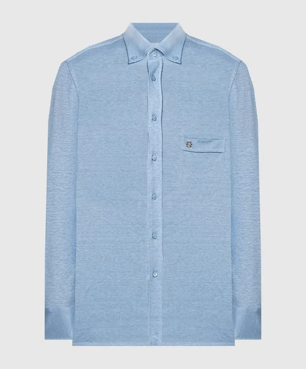 Stefano Ricci Blue linen shirt with metallic logo