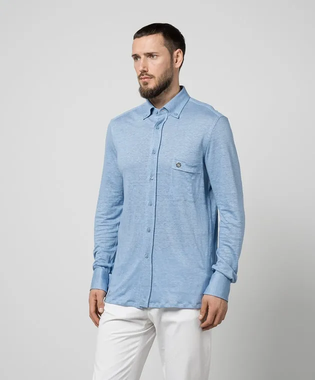 Stefano Ricci Blue linen shirt with metallic logo