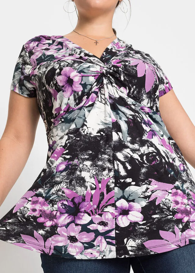 Top anudado de verano Negro de flores