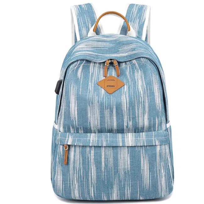 Unique USB Interface Vertical Stripes Large School Canvas Backpack