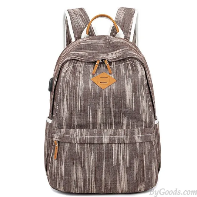 Unique USB Interface Vertical Stripes Large School Canvas Backpack