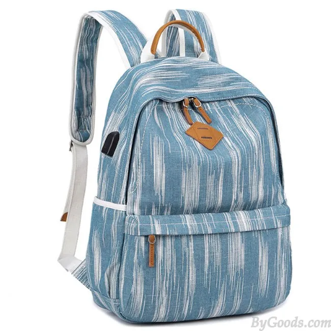 Unique USB Interface Vertical Stripes Large School Canvas Backpack