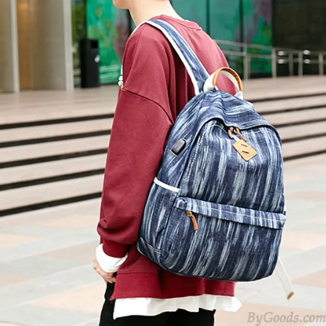 Unique USB Interface Vertical Stripes Large School Canvas Backpack