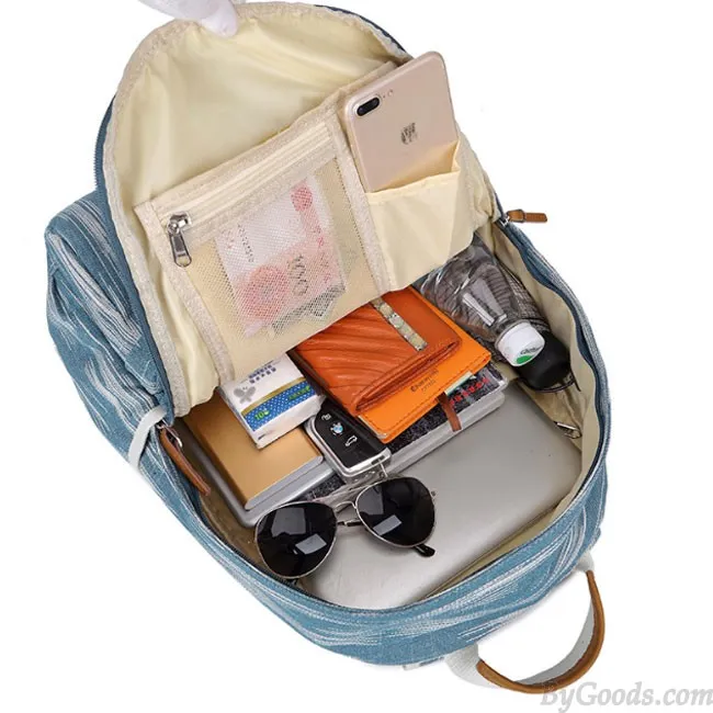 Unique USB Interface Vertical Stripes Large School Canvas Backpack