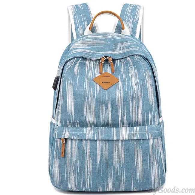 Unique USB Interface Vertical Stripes Large School Canvas Backpack