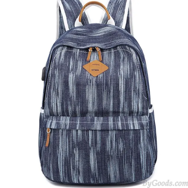 Unique USB Interface Vertical Stripes Large School Canvas Backpack