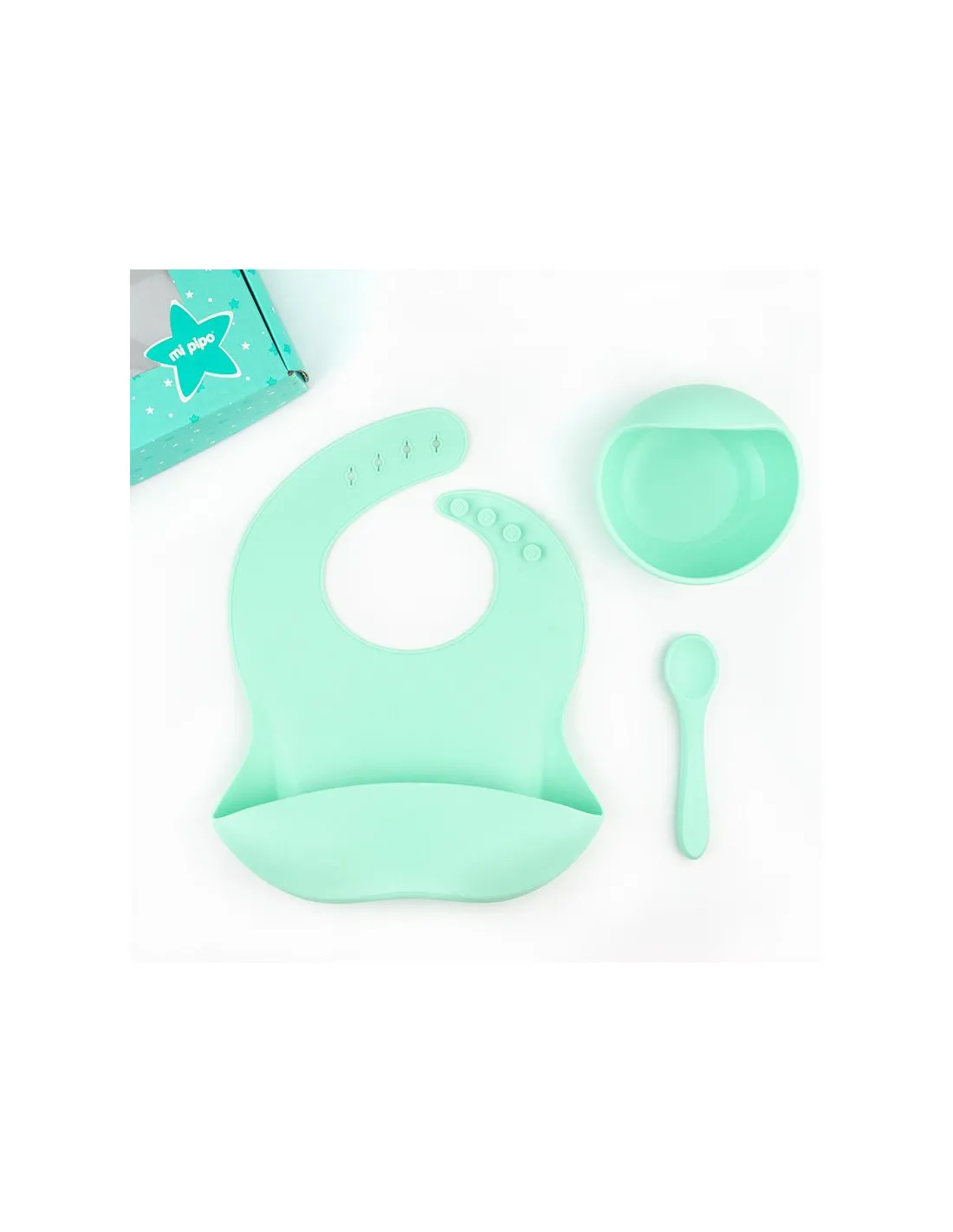 Vajilla con babero, bol y cuchara de silicona Menta de Mi Pipo