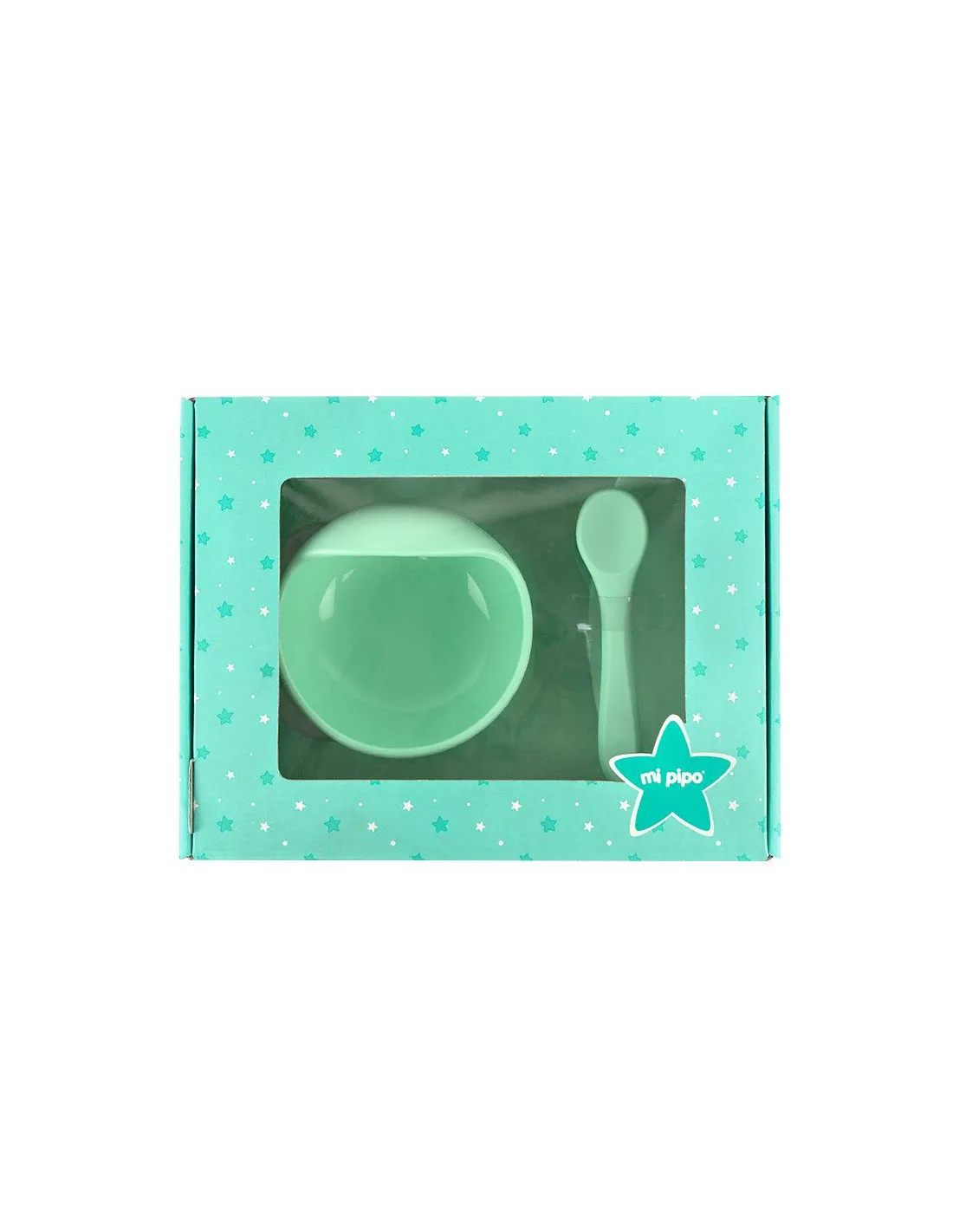 Vajilla con babero, bol y cuchara de silicona Menta de Mi Pipo
