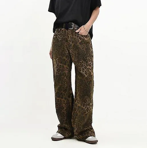 Vaqueros de leopardo color canela Pantalones vaqueros de mujer Pantalones de pernera ancha oversize para mujer