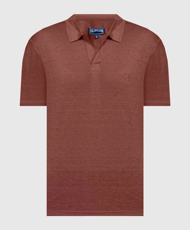 VILEBREQUIN BROWN LINEN TSHIRT WITH LOGO EMBROIDERY