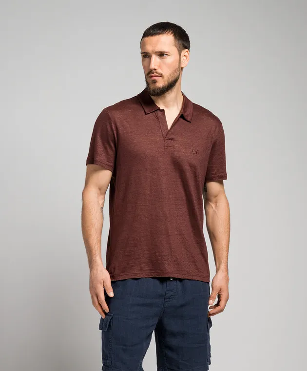 VILEBREQUIN BROWN LINEN TSHIRT WITH LOGO EMBROIDERY