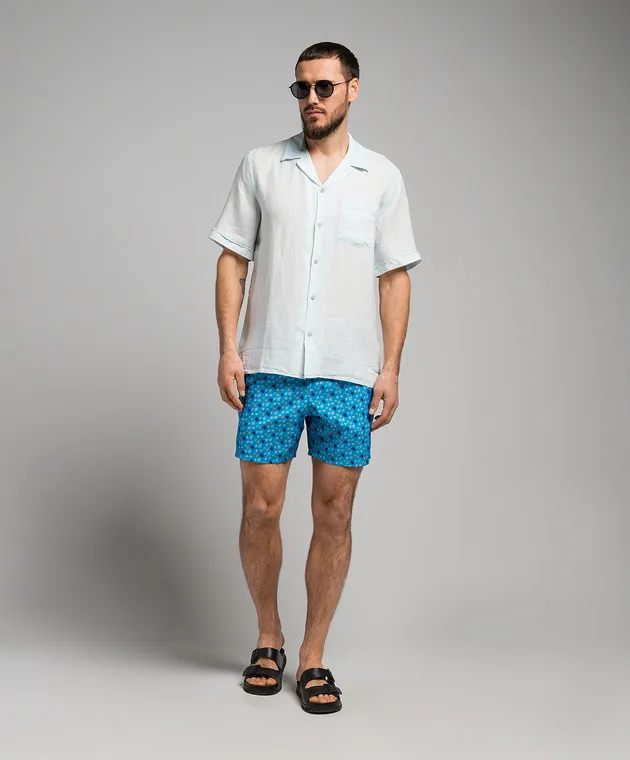 Vilebrequin Green linen shirt with logo embroidery