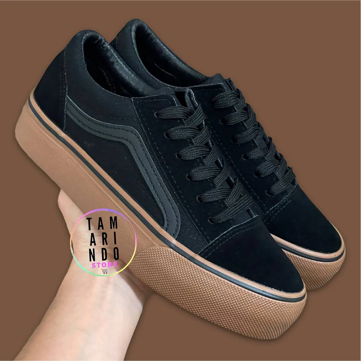 Zapatillas lona negro/marrón sin plataforma D08